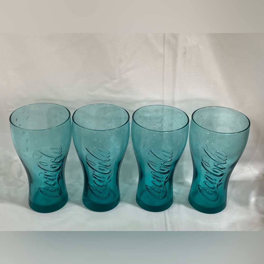 Set of 4 collectible Turquoise glass Coke Coca-Cola tumblers
